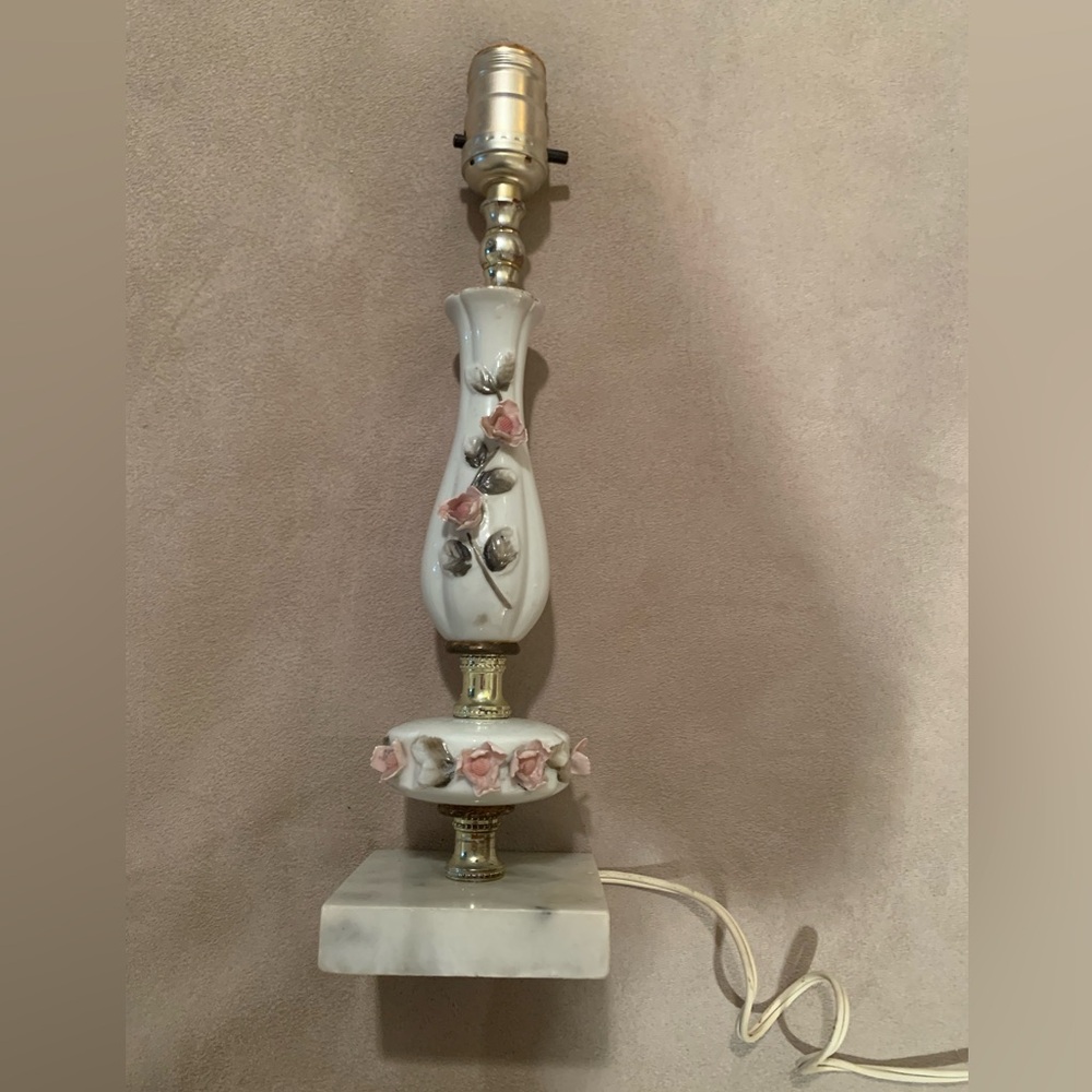 Vintage Floral Porcelain Lamp with Marble Base